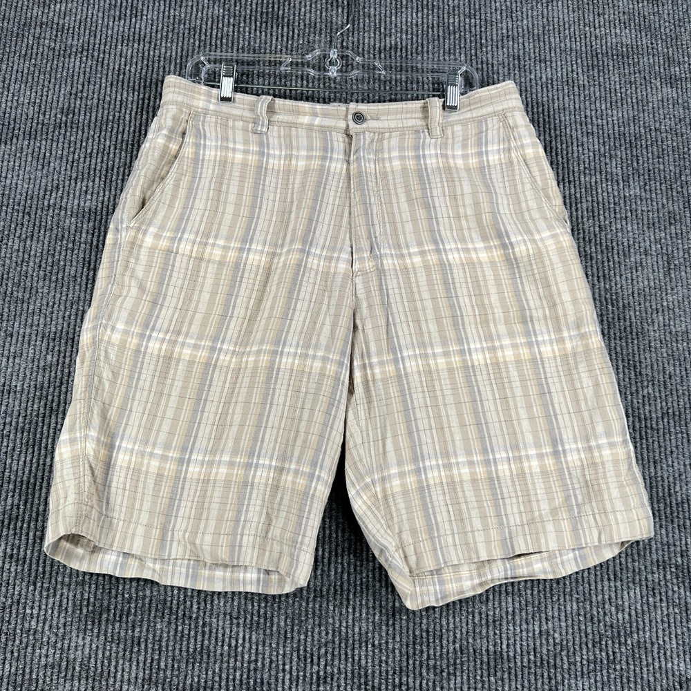 Tommy Bahama Chino Shorts Mens Size 33 Beige Plaid Casual Silk Linen Vacation